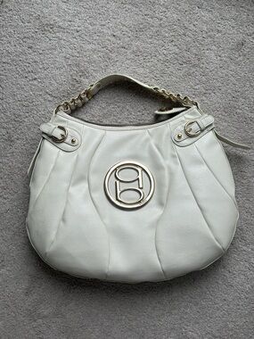 Bebe White Leather Y2K Huge Big Logo Buckle Gold Strap Hobo Purse Handbag Sexy